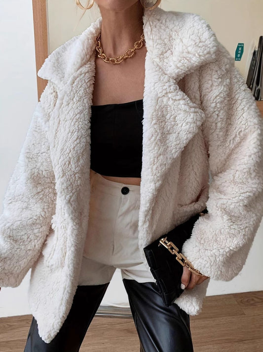 Front view of Fuzzy Open Front Long Sleeve Coat in Cream showing neckline and sleeve details