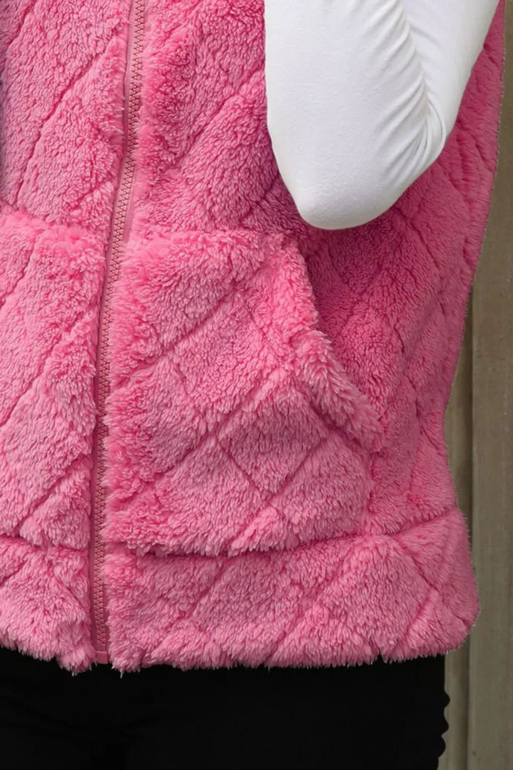 Fuzzy Plaid Texture Zip Up Vest Coat - Rochelle's House LLC