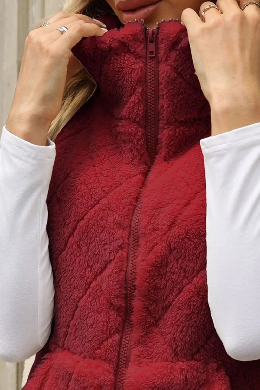 Fuzzy Plaid Texture Zip Up Vest Coat - Rochelle's House LLC