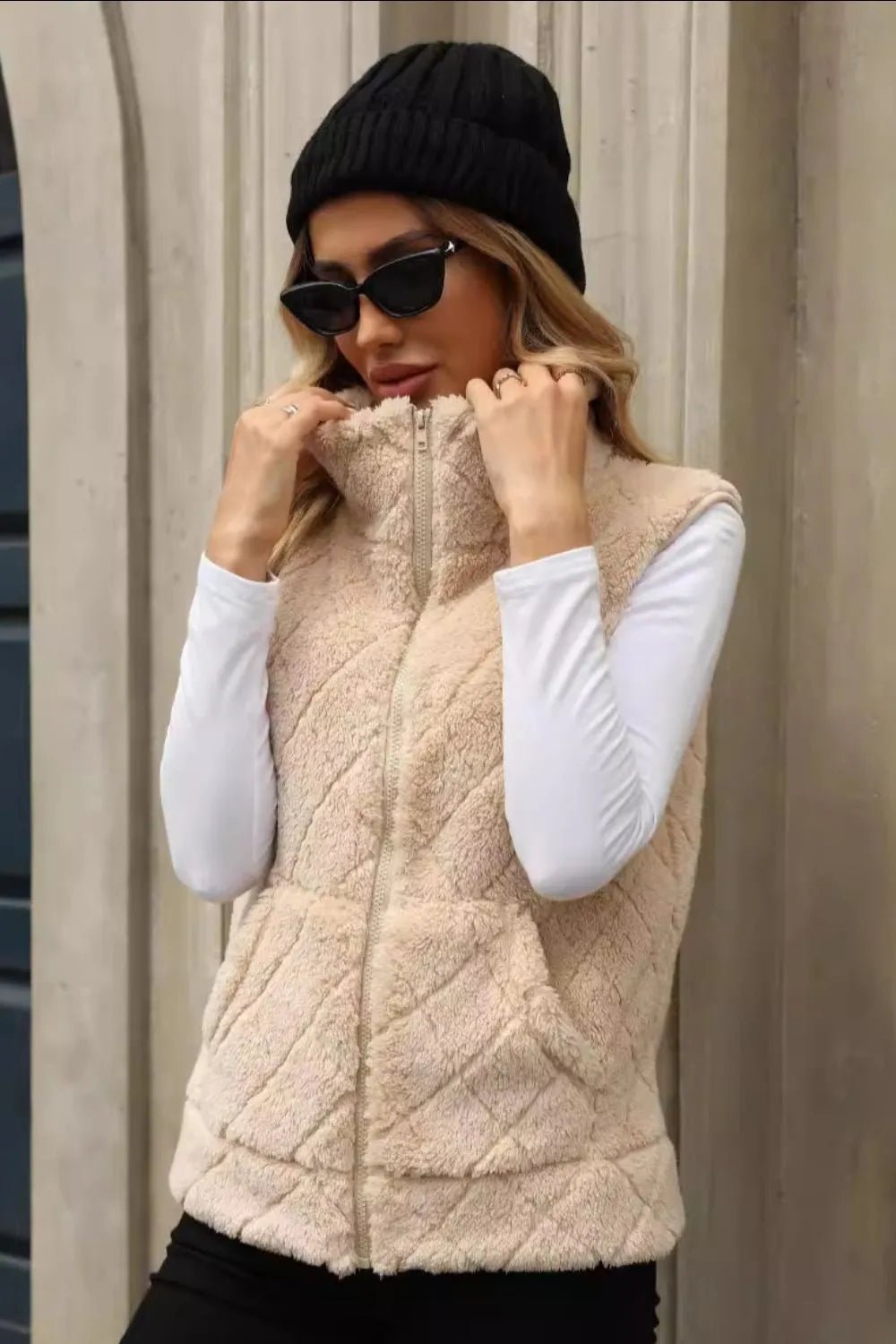 Fuzzy Plaid Texture Zip Up Vest Coat - Rochelle's House LLC