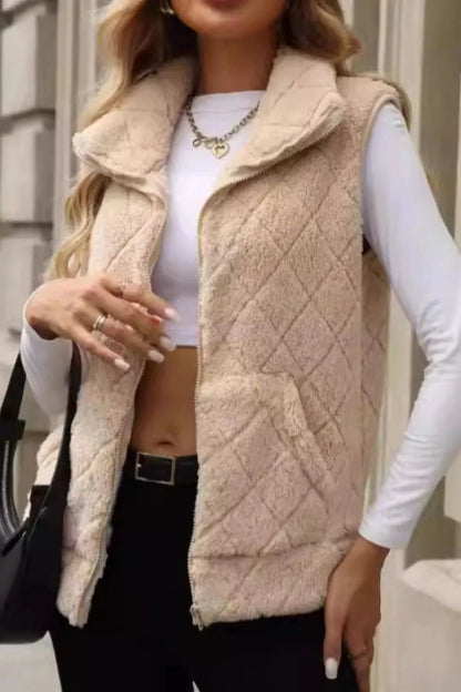 Fuzzy Plaid Texture Zip Up Vest Coat - Rochelle's House LLC