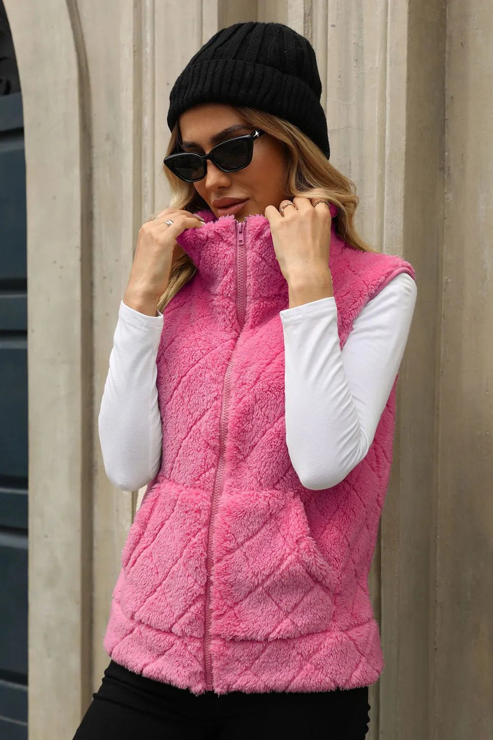 Fuzzy Plaid Texture Zip Up Vest Coat - Rochelle's House LLC