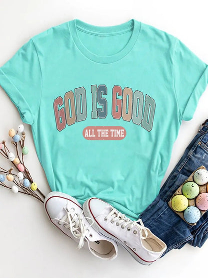 Front view of GOD IS GOOD ALL THE TIME Round Neck T-Shirt in Aqua showing neckline and sleeve details