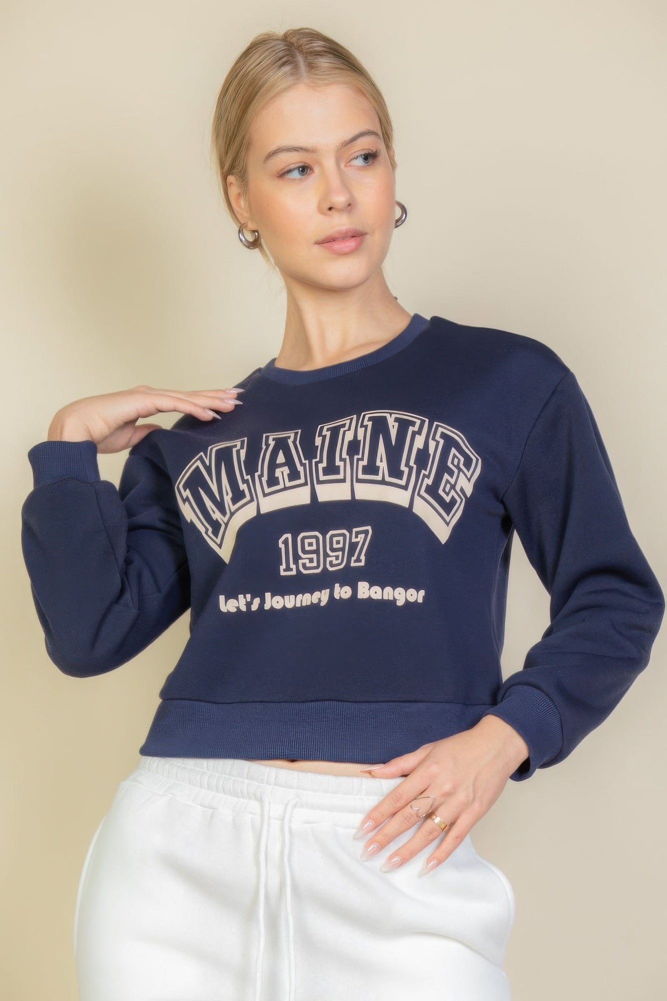 Front view of Graphic Drop Shoulder Sweatshirt showing neckline and sleeve details (100% polyester for a soft)
