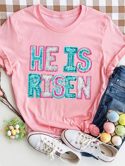 Front view of HE IS RISEN Sequin Round Neck T-Shirt in Blush Pink showing neckline and sleeve details