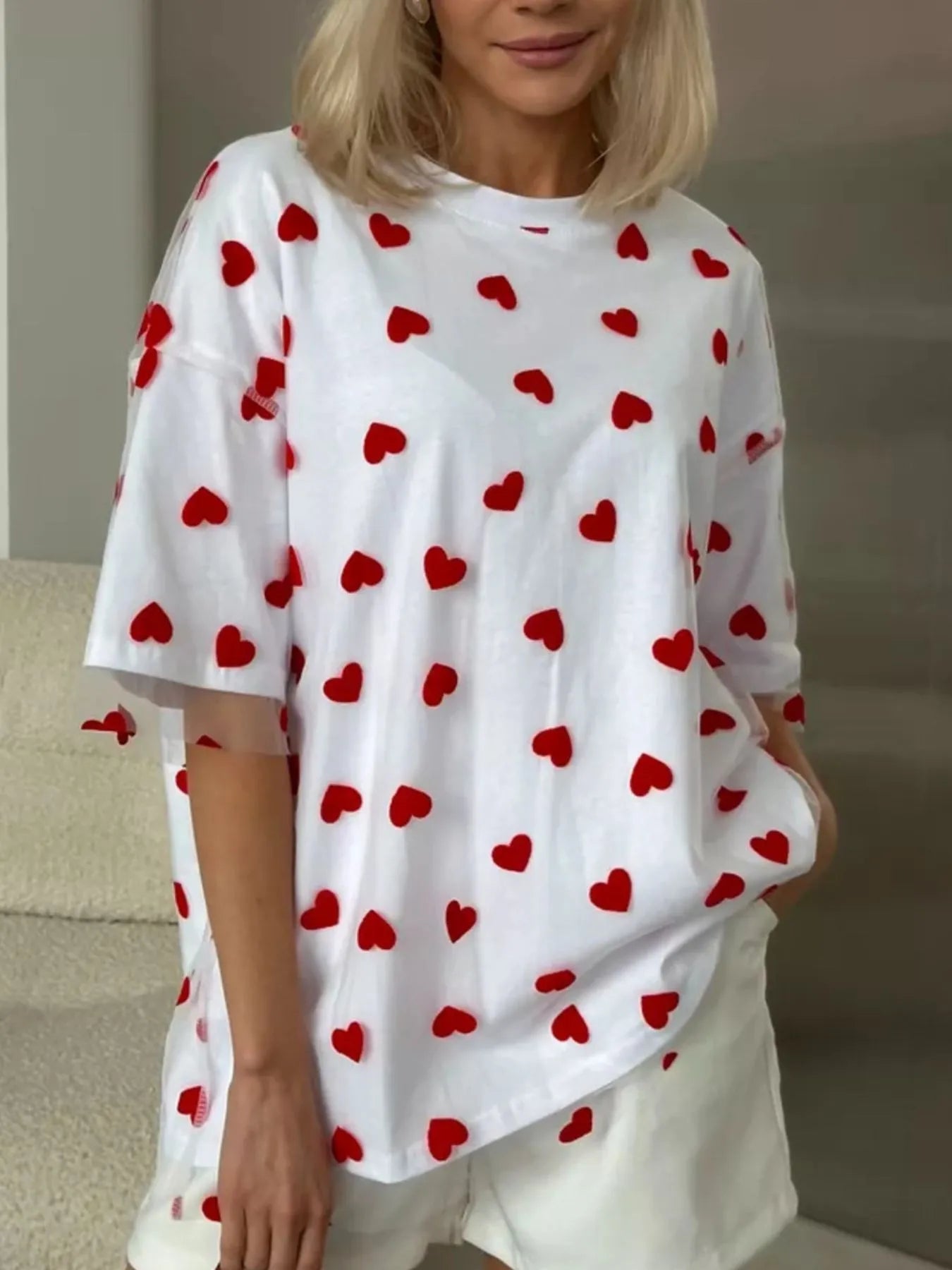 Heart Print Oversized T-Shirt - Rochelle's House LLC