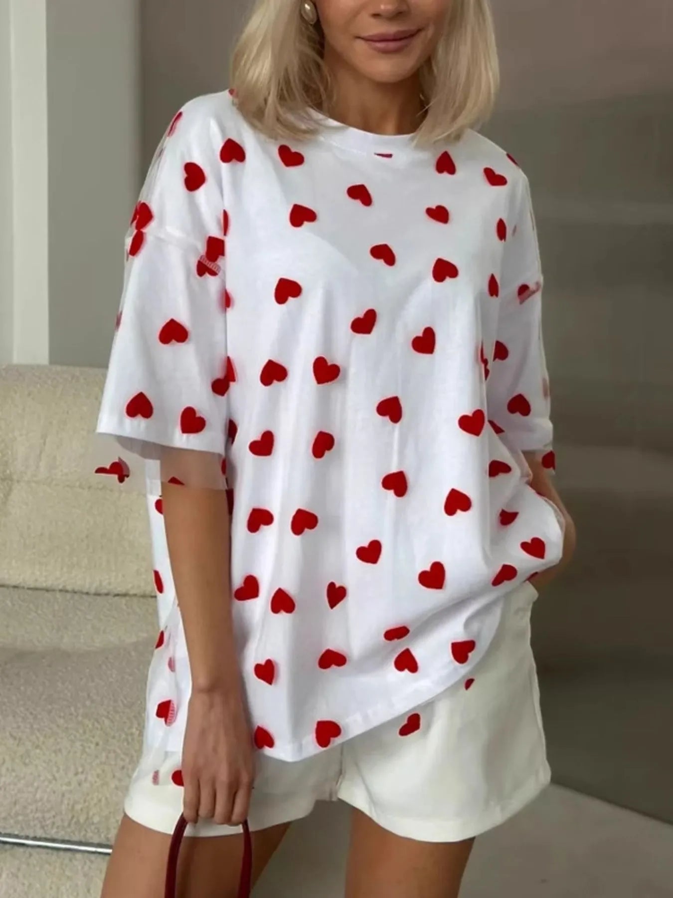 Heart Print Oversized T-Shirt - Rochelle's House LLC
