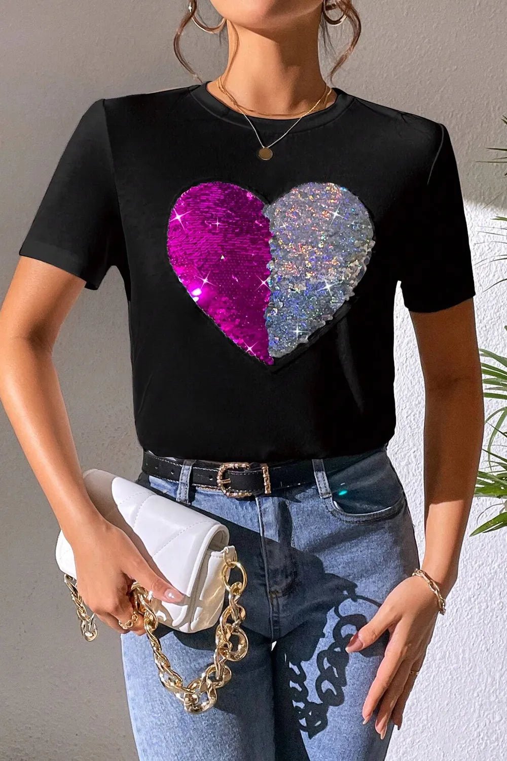 Front view of Heart Sequin Round Neck Short Sleeve T-Shirt in Black showing neckline and sleeve details