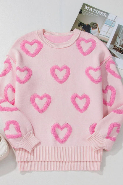 High - Low Heart Round Neck Long Sleeve Sweater - Rochelle's House LLC