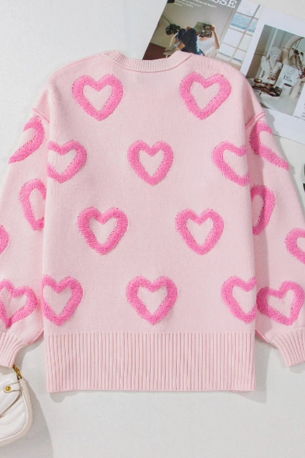 High - Low Heart Round Neck Long Sleeve Sweater - Rochelle's House LLC
