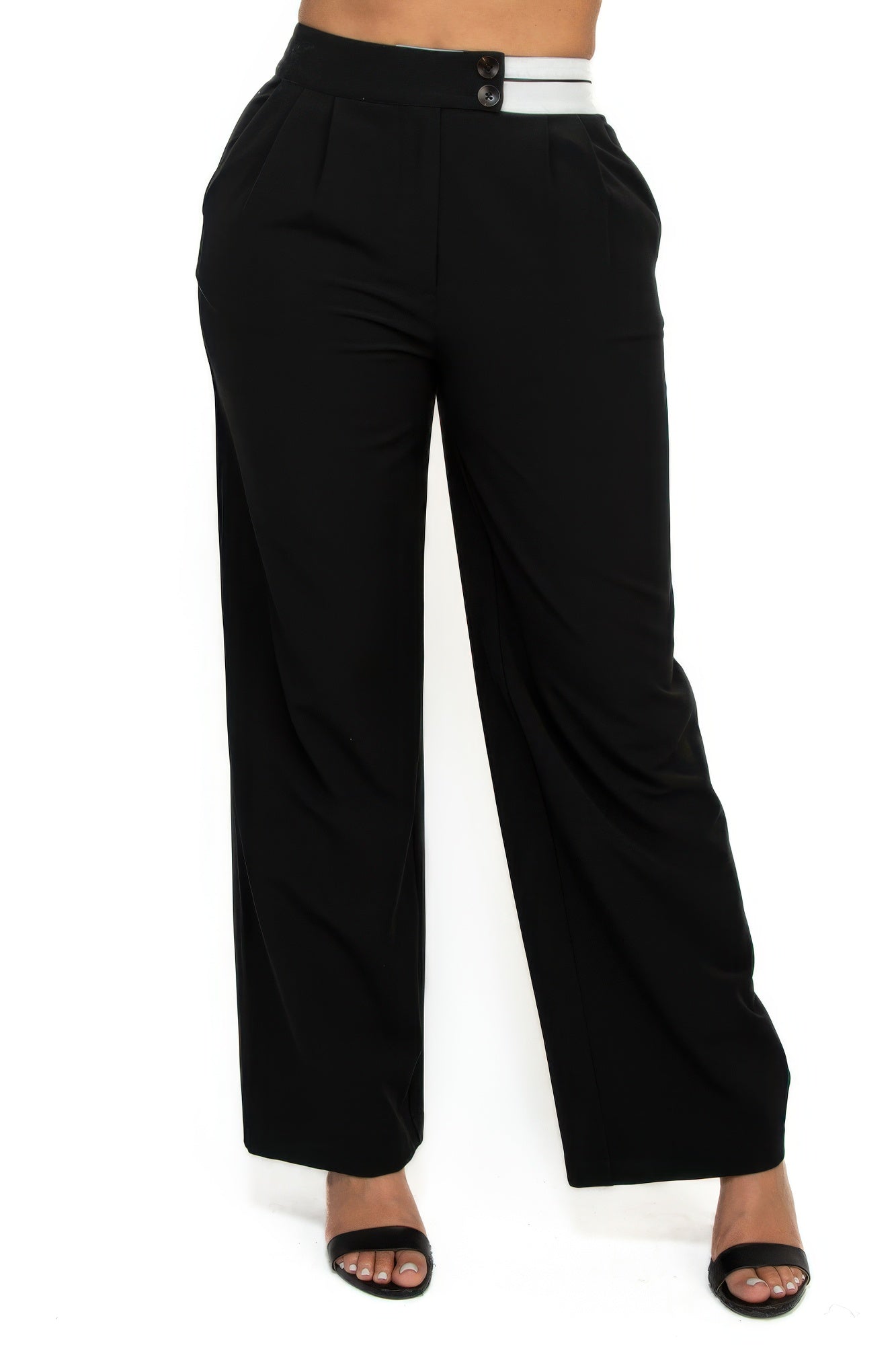 Front view of High-rise wide elastic contrast waist pants showing neckline and sleeve details