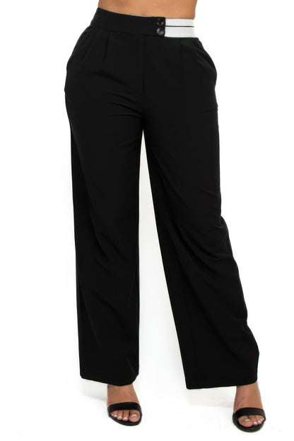 Front view of High-rise wide elastic contrast waist pants showing neckline and sleeve details