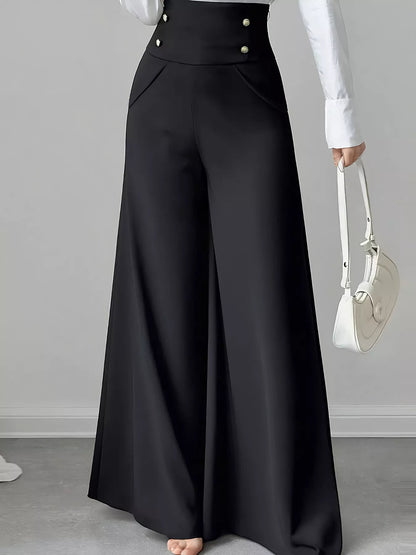 High Waist Wide Leg Button Decor Pants - Rochelle's House LLC