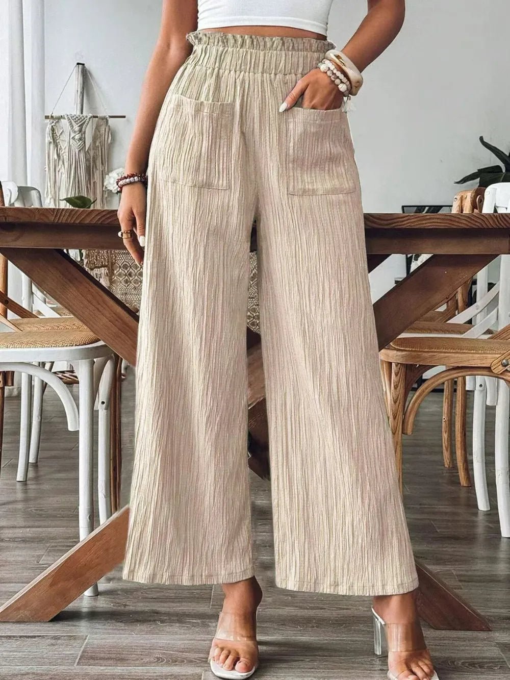 Front view of High Waist Wide Leg Pants in Tan showing neckline and sleeve details (100% polyester)