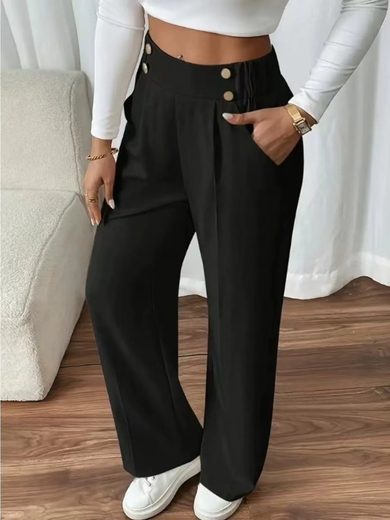 Front view of High Waist Wide Leg Pants in Black showing neckline and sleeve details (100% polyester with a soft)