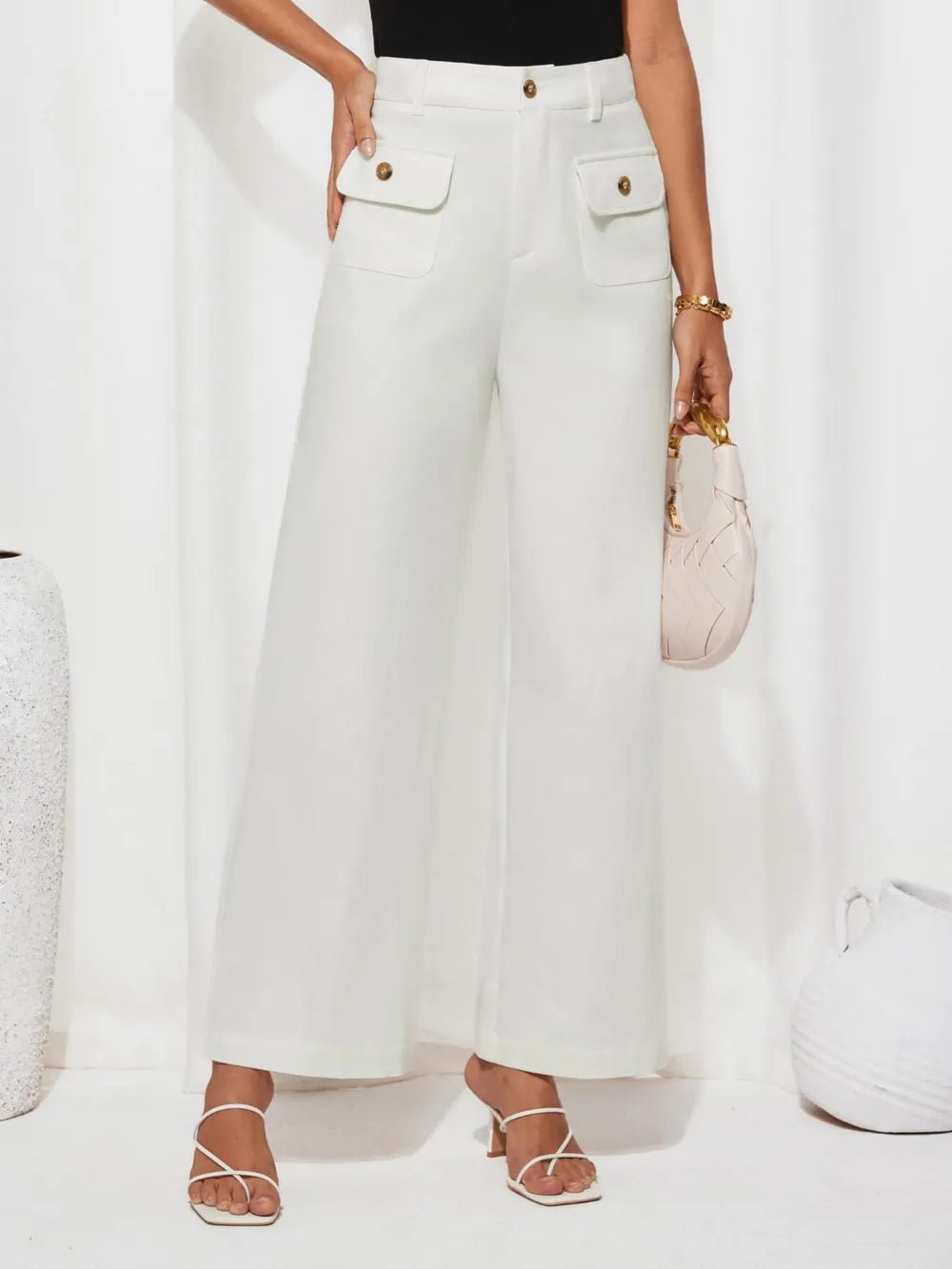 Front view of High Waist Wide Leg Pants in White showing neckline and sleeve details