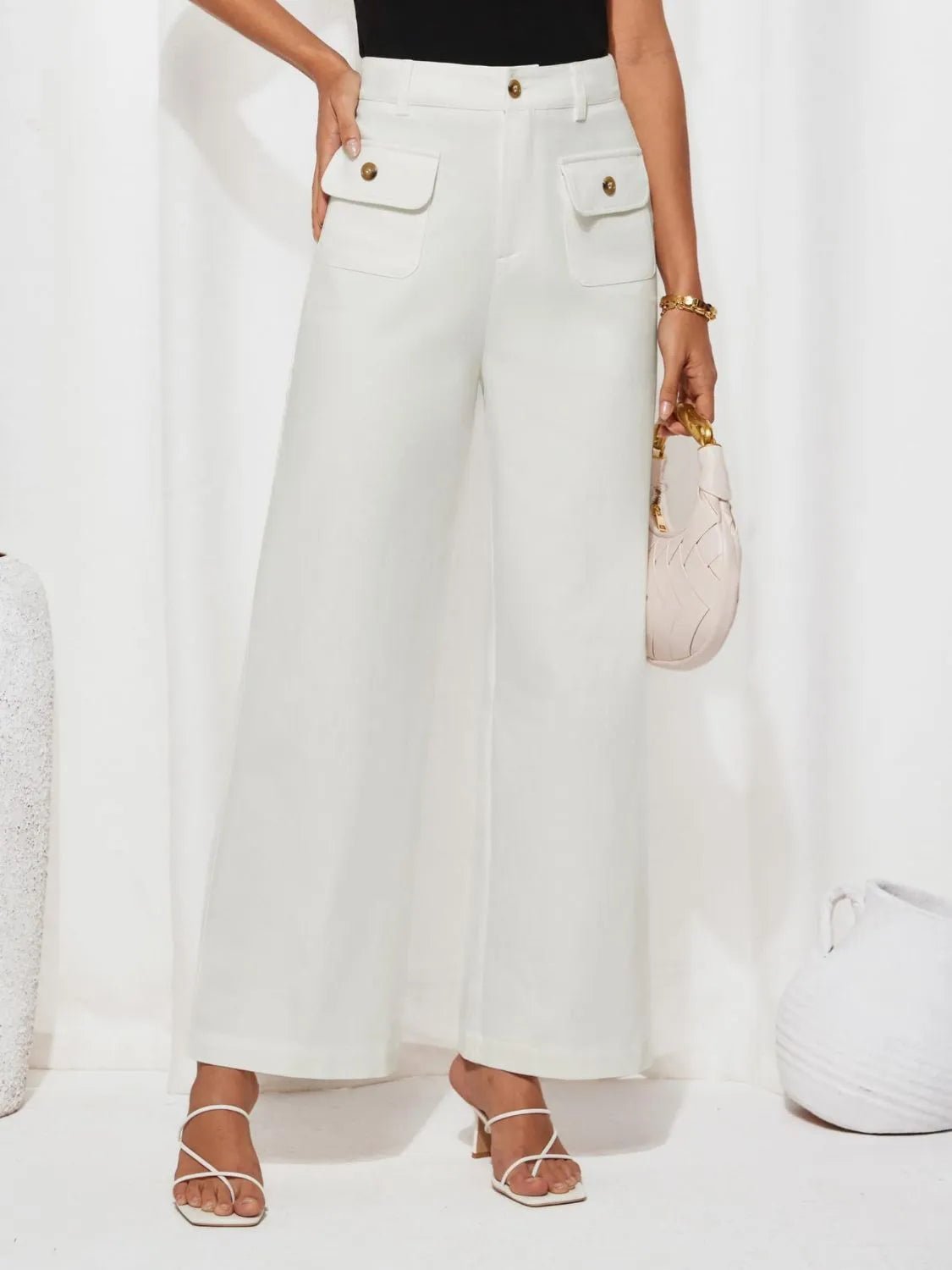 Front view of High Waist Wide Leg Pants in White showing neckline and sleeve details (95% polyester and)