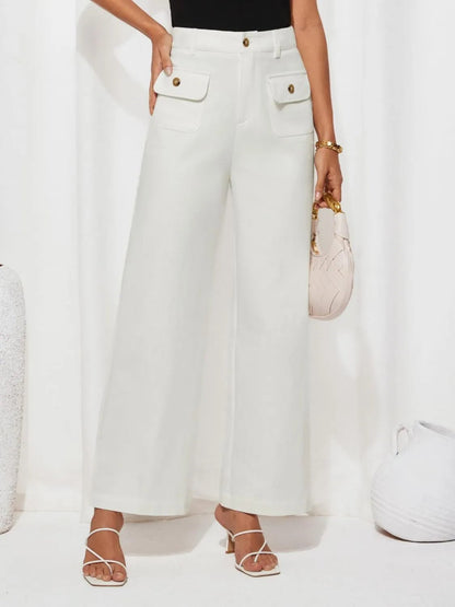 Front view of High Waist Wide Leg Pants in White showing neckline and sleeve details (95% polyester and)