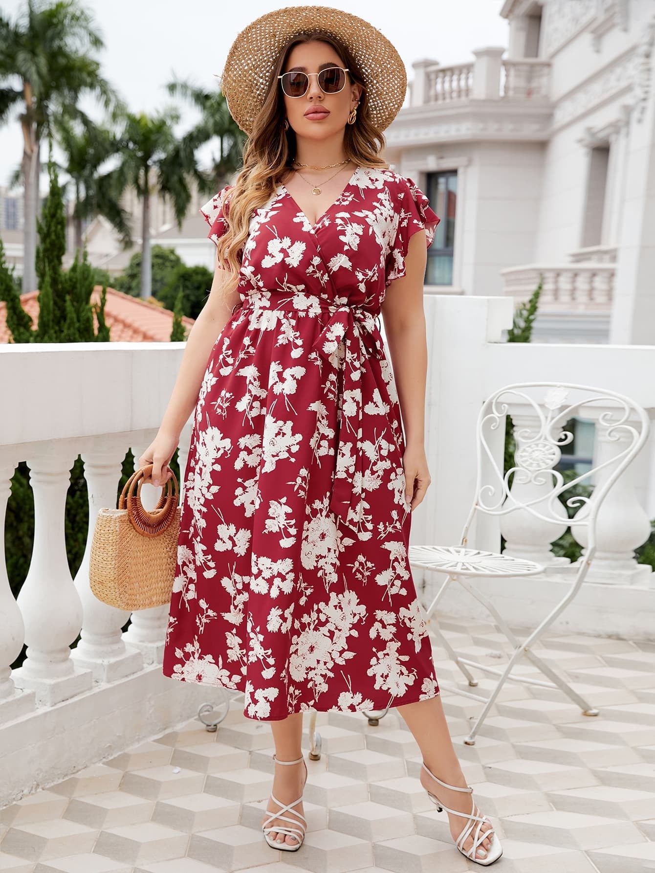 Front view of Honey Plus Size Floral Tie Waist Surplice Neck Midi Dress in Deep Red showing neckline and sleeve details