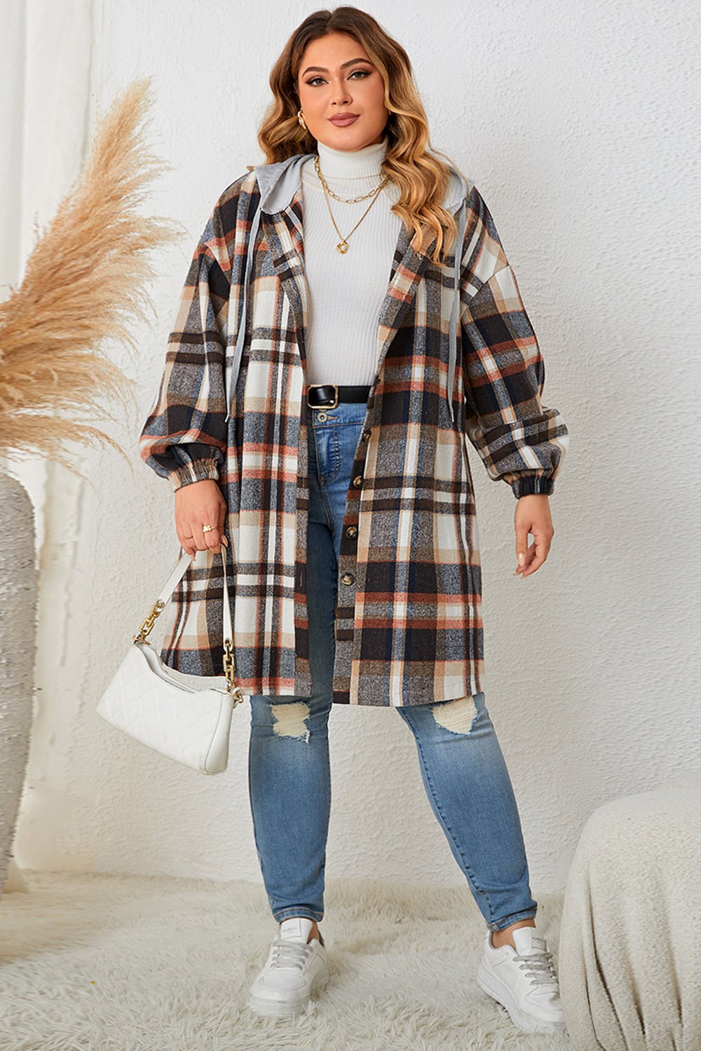 Honey Plus Size Plaid Drop Shoulder Hooded Coat - Rochelle's House LLC