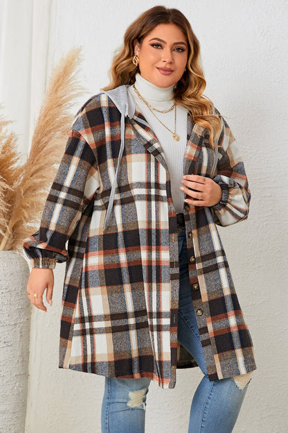 Honey Plus Size Plaid Drop Shoulder Hooded Coat - Rochelle's House LLC