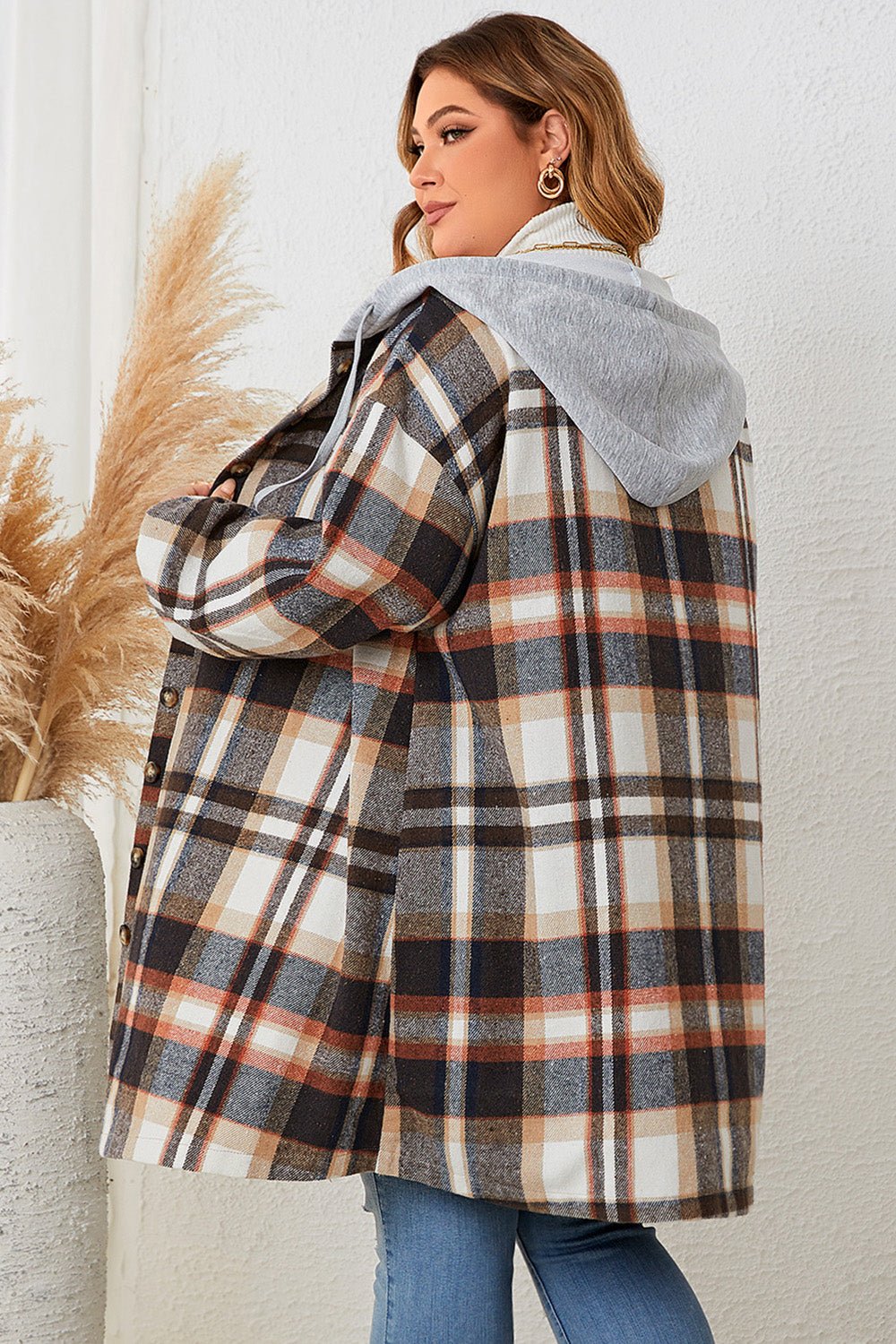 Honey Plus Size Plaid Drop Shoulder Hooded Coat - Rochelle's House LLC