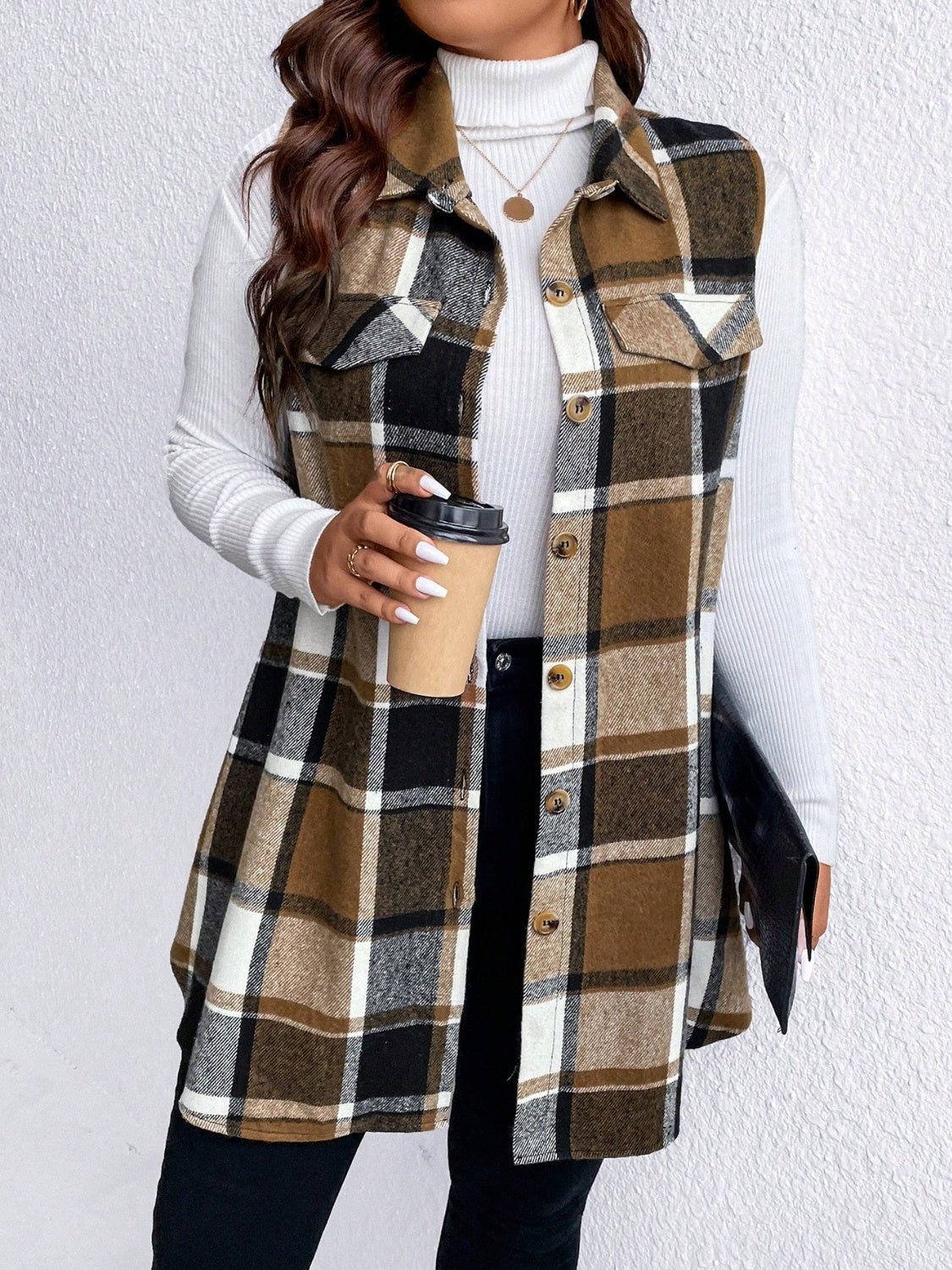 Honey Plus Size Pocketed Plaid Button Up Vest Coat - Rochelle's House LLC