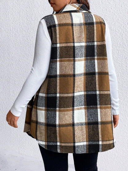 Honey Plus Size Pocketed Plaid Button Up Vest Coat - Rochelle's House LLC