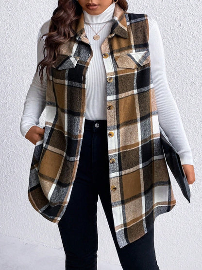 Honey Plus Size Pocketed Plaid Button Up Vest Coat - Rochelle's House LLC
