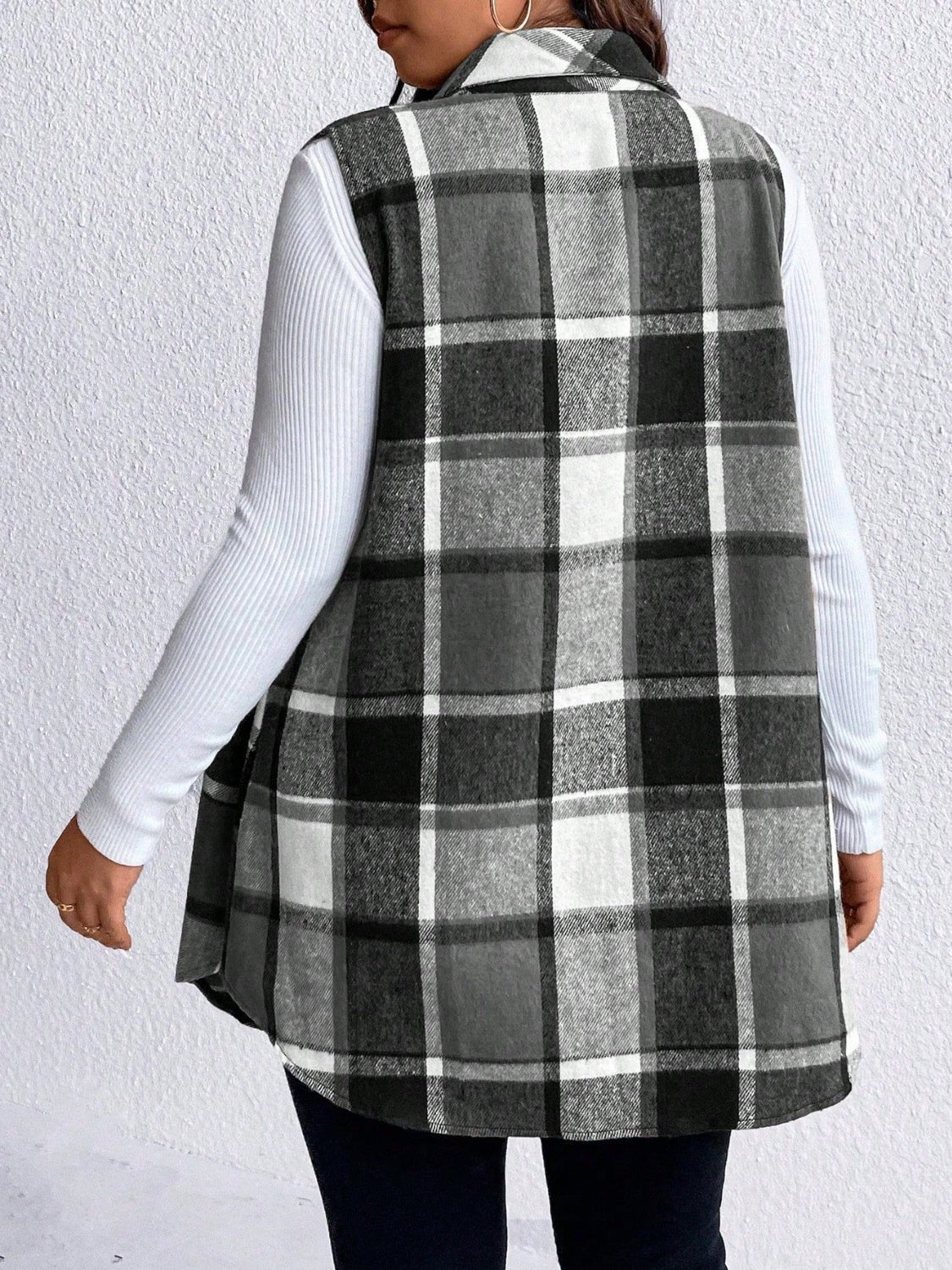 Honey Plus Size Pocketed Plaid Button Up Vest Coat - Rochelle's House LLC