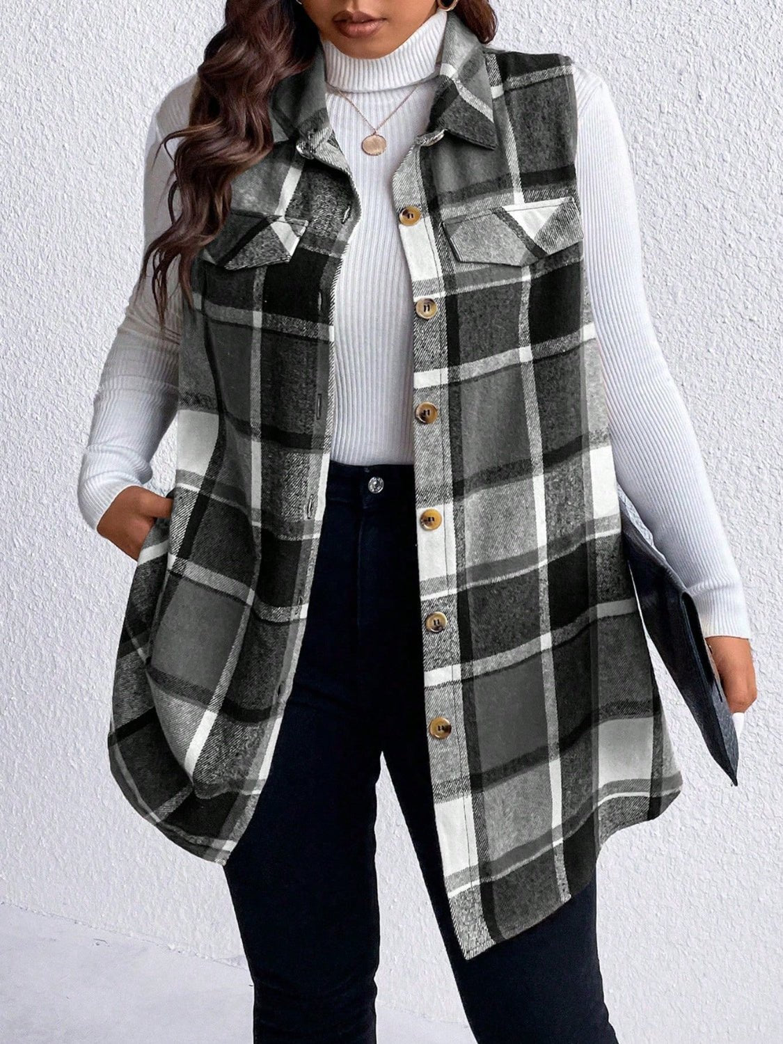 Honey Plus Size Pocketed Plaid Button Up Vest Coat - Rochelle's House LLC