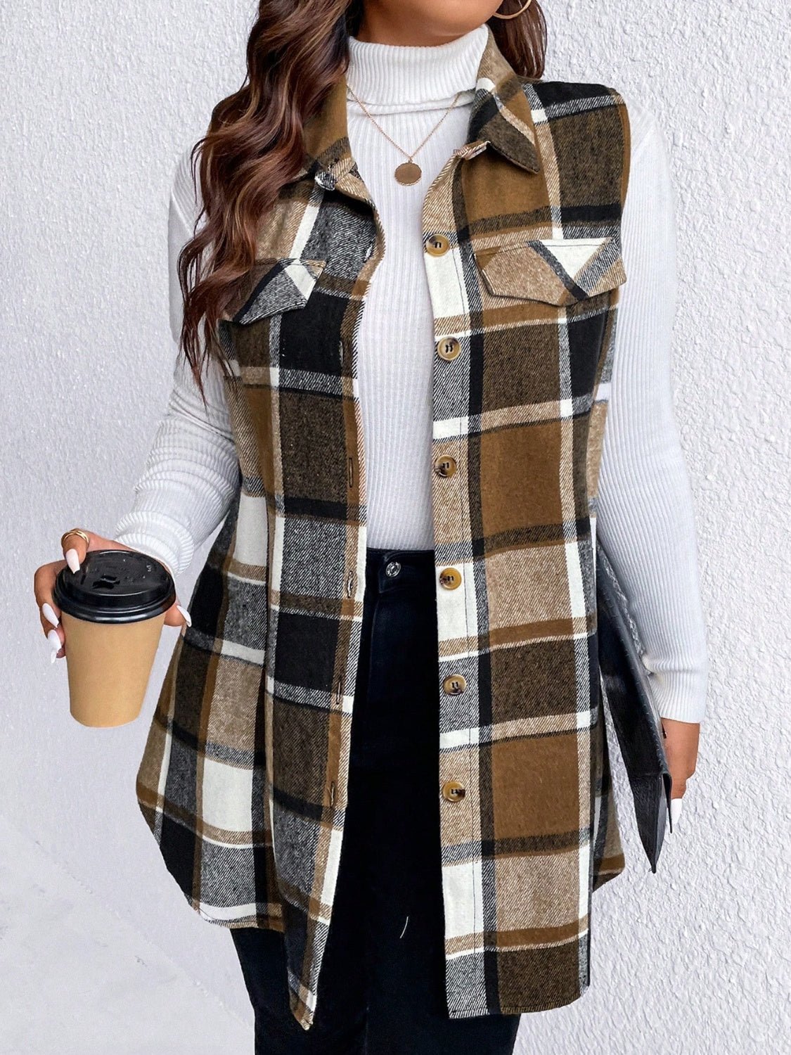 Honey Plus Size Pocketed Plaid Button Up Vest Coat - Rochelle's House LLC
