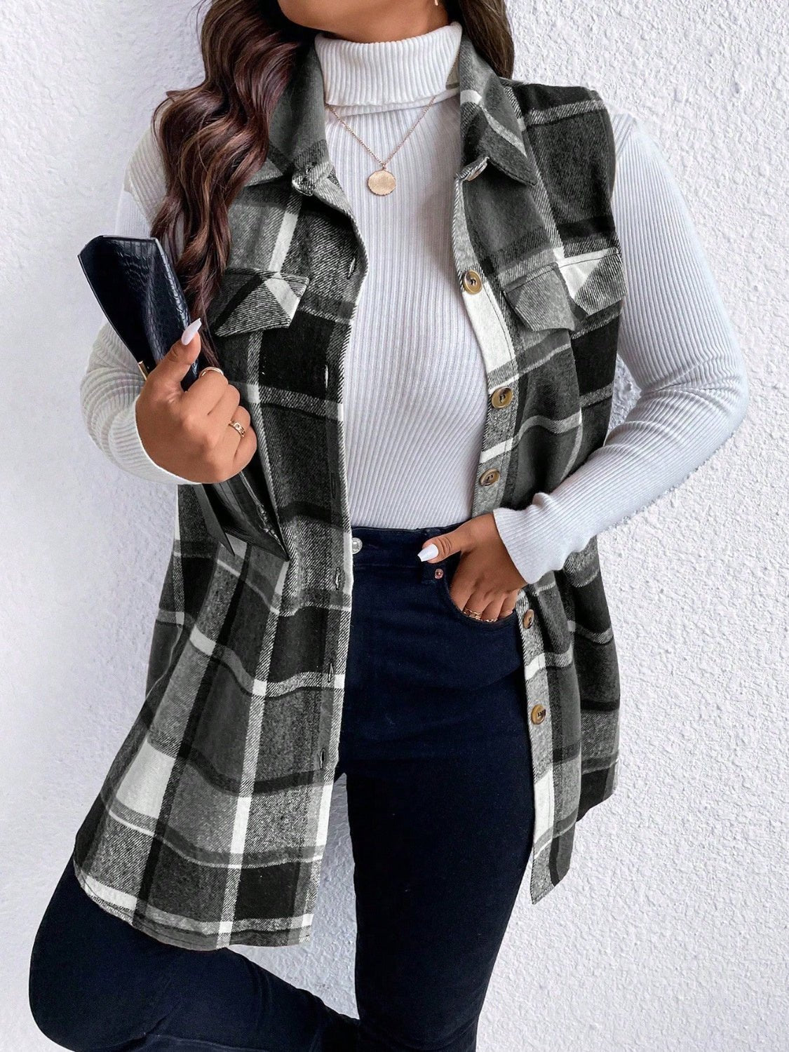 Honey Plus Size Pocketed Plaid Button Up Vest Coat - Rochelle's House LLC