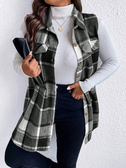 Honey Plus Size Pocketed Plaid Button Up Vest Coat - Rochelle's House LLC