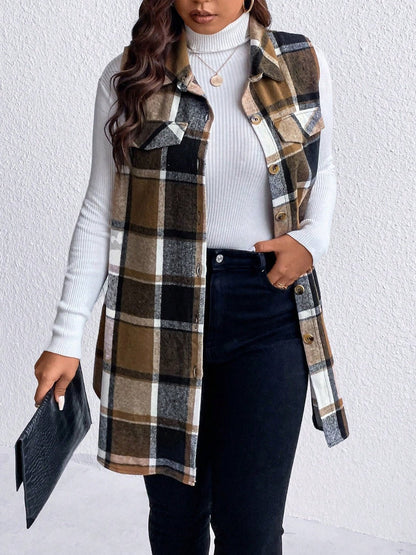 Honey Plus Size Pocketed Plaid Button Up Vest Coat - Rochelle's House LLC