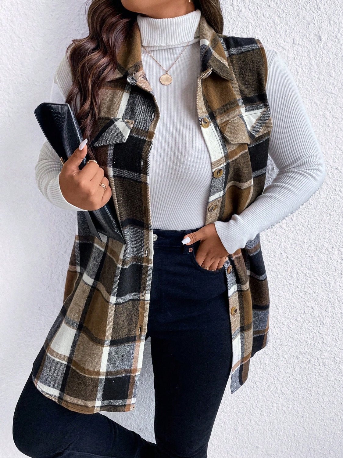 Honey Plus Size Pocketed Plaid Button Up Vest Coat - Rochelle's House LLC