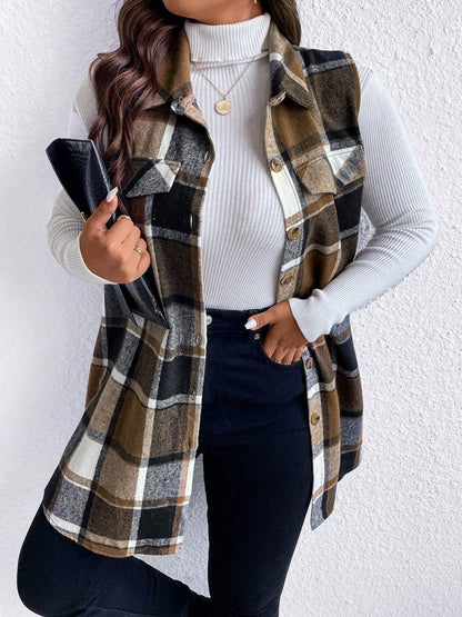 Honey Plus Size Pocketed Plaid Button Up Vest Coat - Rochelle's House LLC