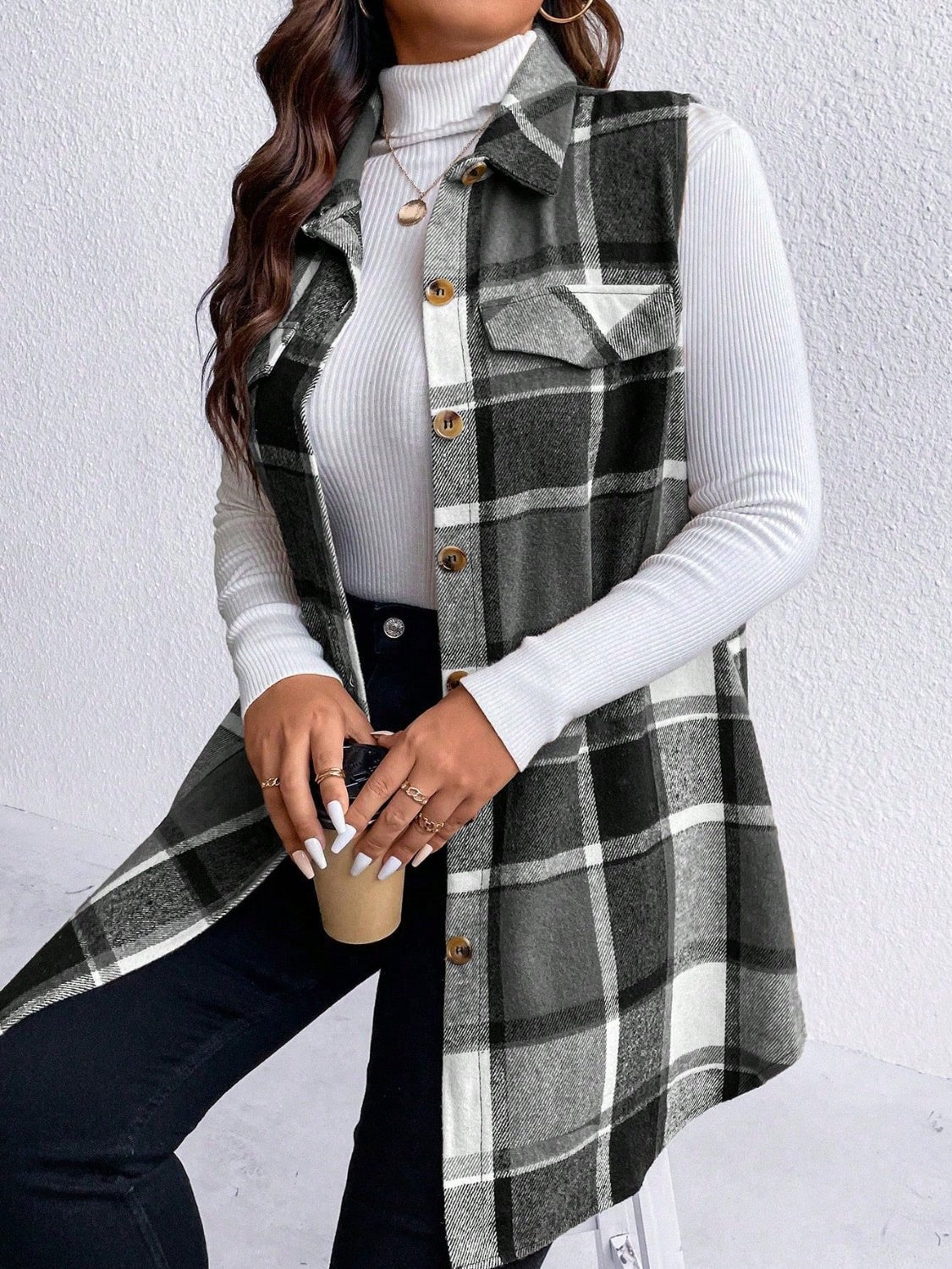 Honey Plus Size Pocketed Plaid Button Up Vest Coat - Rochelle's House LLC