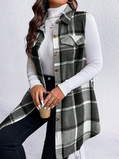 Honey Plus Size Pocketed Plaid Button Up Vest Coat - Rochelle's House LLC