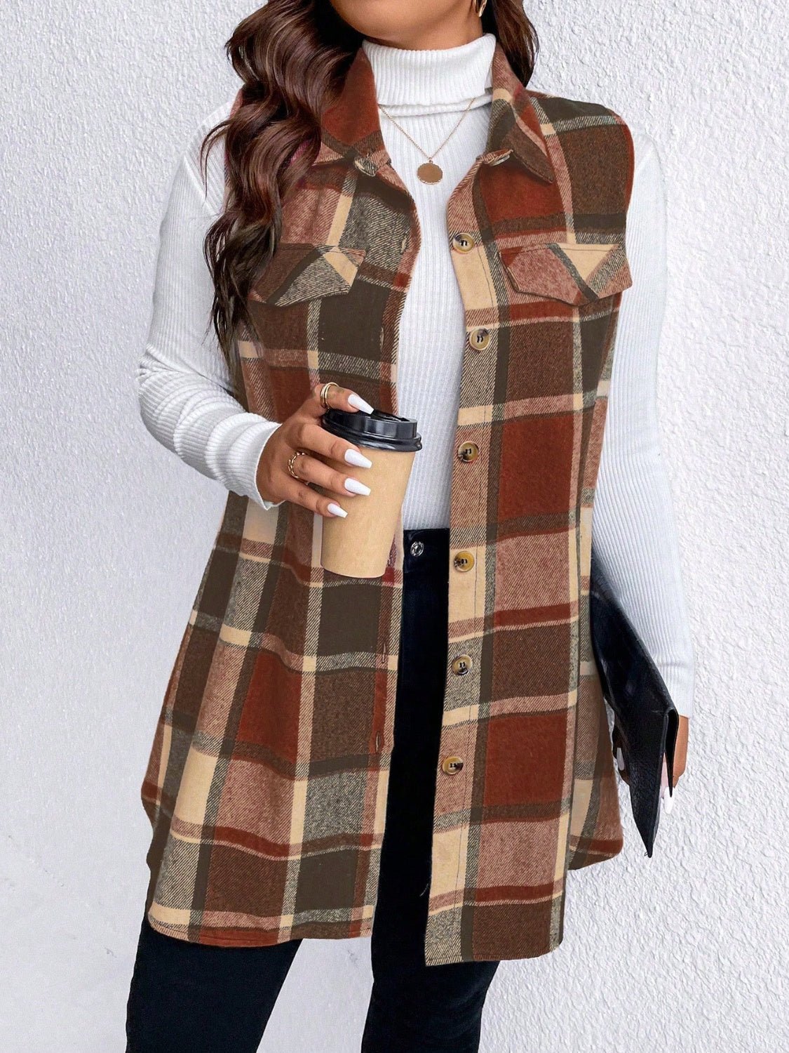 Honey Plus Size Pocketed Plaid Button Up Vest Coat - Rochelle's House LLC