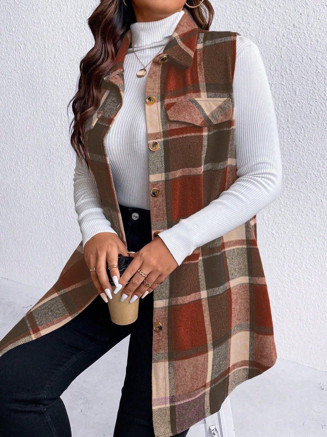Honey Plus Size Pocketed Plaid Button Up Vest Coat - Rochelle's House LLC