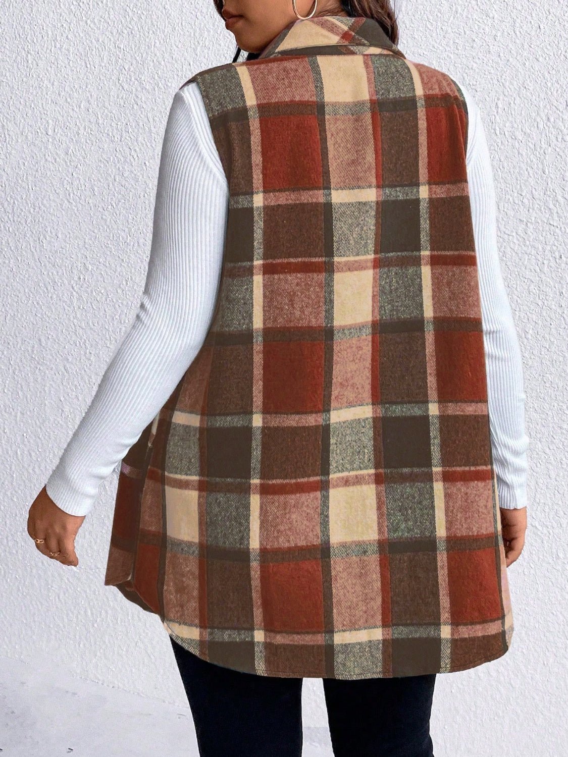 Honey Plus Size Pocketed Plaid Button Up Vest Coat - Rochelle's House LLC