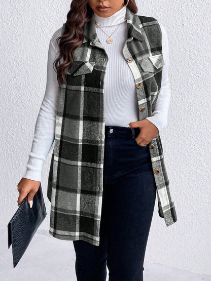Honey Plus Size Pocketed Plaid Button Up Vest Coat - Rochelle's House LLC