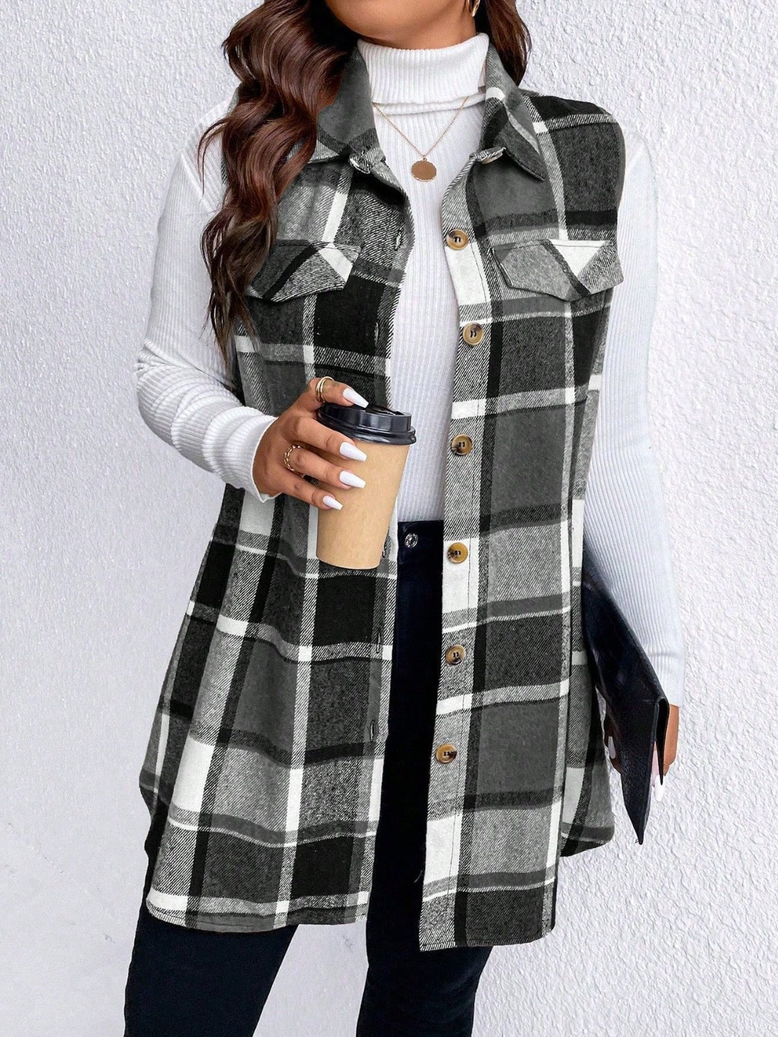Honey Plus Size Pocketed Plaid Button Up Vest Coat - Rochelle's House LLC