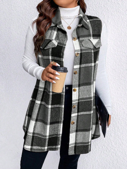 Honey Plus Size Pocketed Plaid Button Up Vest Coat - Rochelle's House LLC