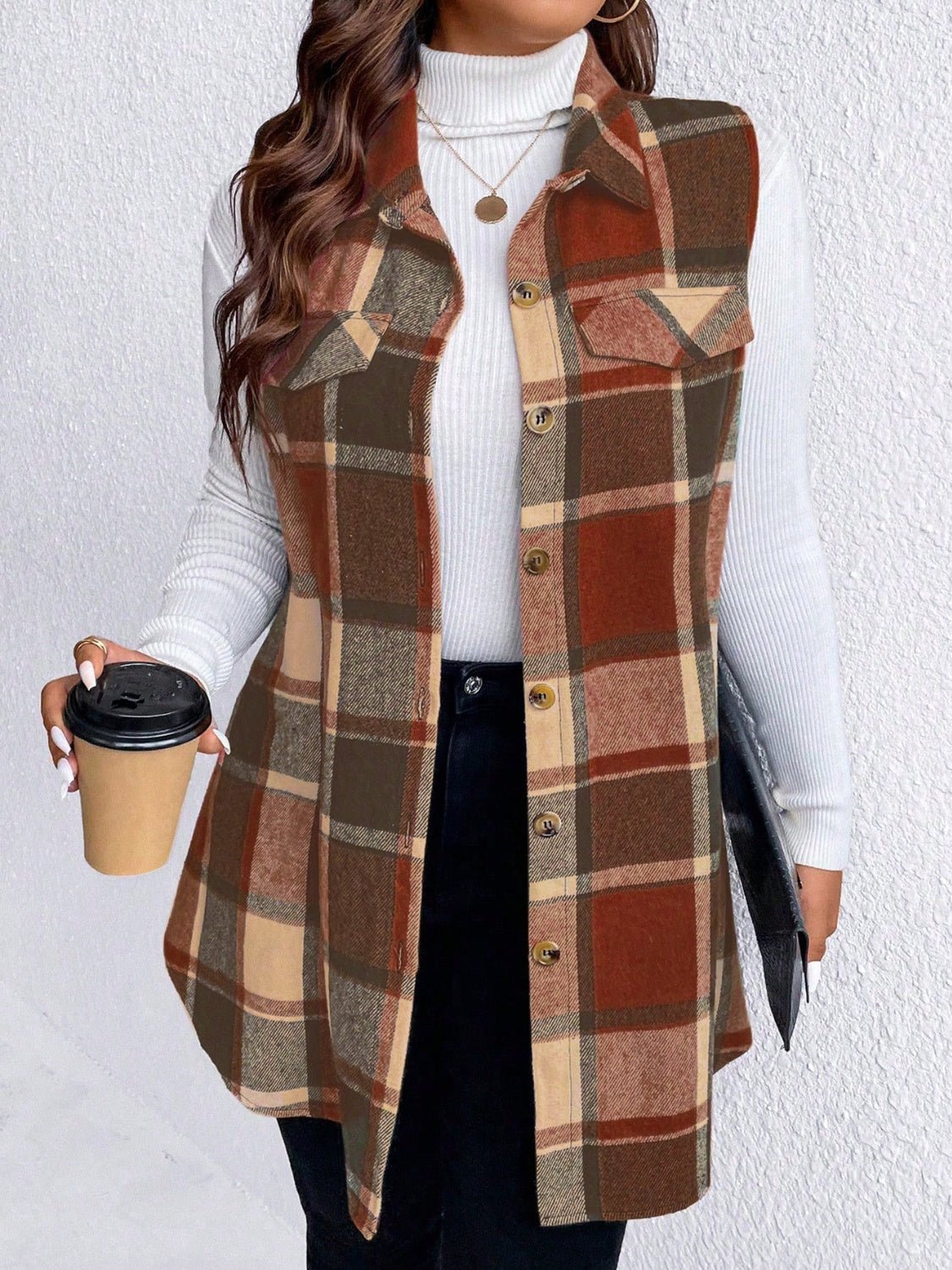Honey Plus Size Pocketed Plaid Button Up Vest Coat - Rochelle's House LLC