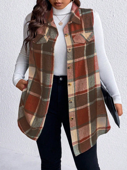 Honey Plus Size Pocketed Plaid Button Up Vest Coat - Rochelle's House LLC