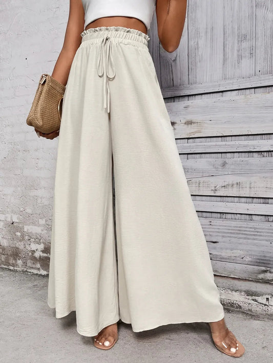 Front view of Honey Tied High Waist Wide Leg Pants in Beige showing neckline and sleeve details (100% polyester)
