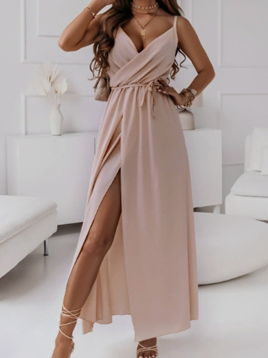 Front view of Honey Tied Surplice Sleeveless Midi Cami Dress in Pale Blush showing neckline and sleeve details