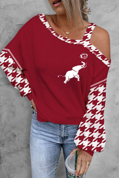 Front view of Houndstooth Long Sleeve Asymmetrical Neck Top in Deep Red showing neckline and sleeve details